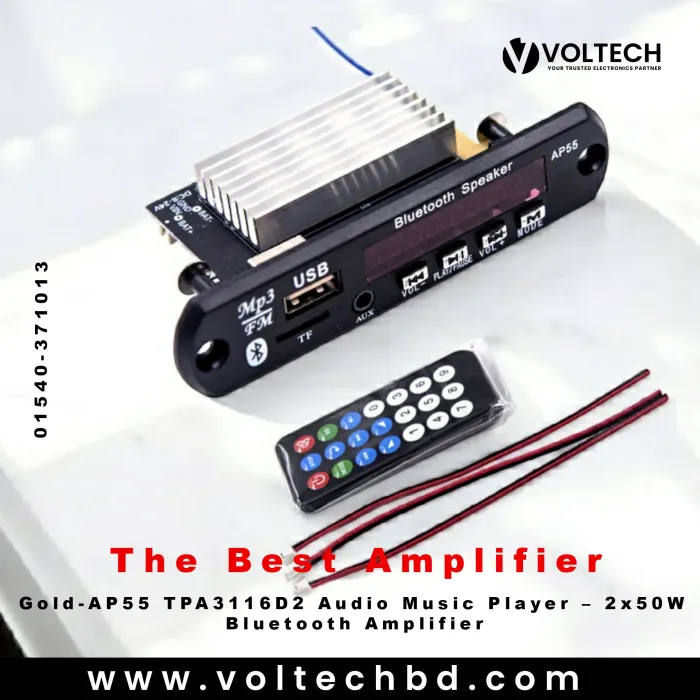 Gold-AP55 TPA3116D2 Audio Music Player – 2x50W Dual Board with Bluetooth, USB, SD-Card & Remote | Voltech Electronics